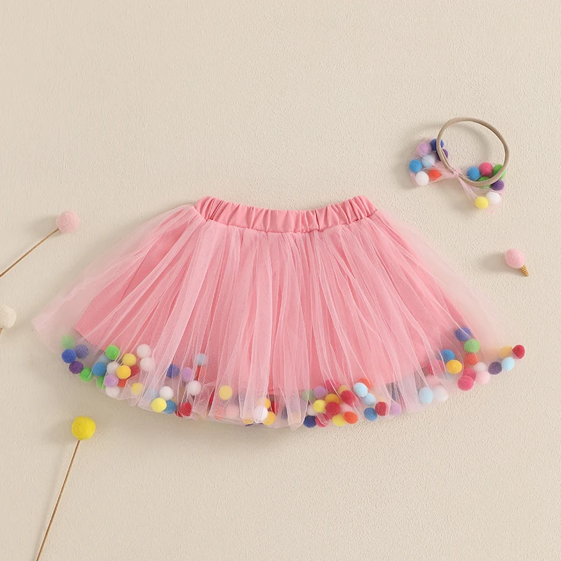 Peutermeisje Mesh Tutu Rok Kleurrijke pluche bal Elastische taille Tule rok Verjaardag A-lijn rok met hoofdband 1-5 jaar