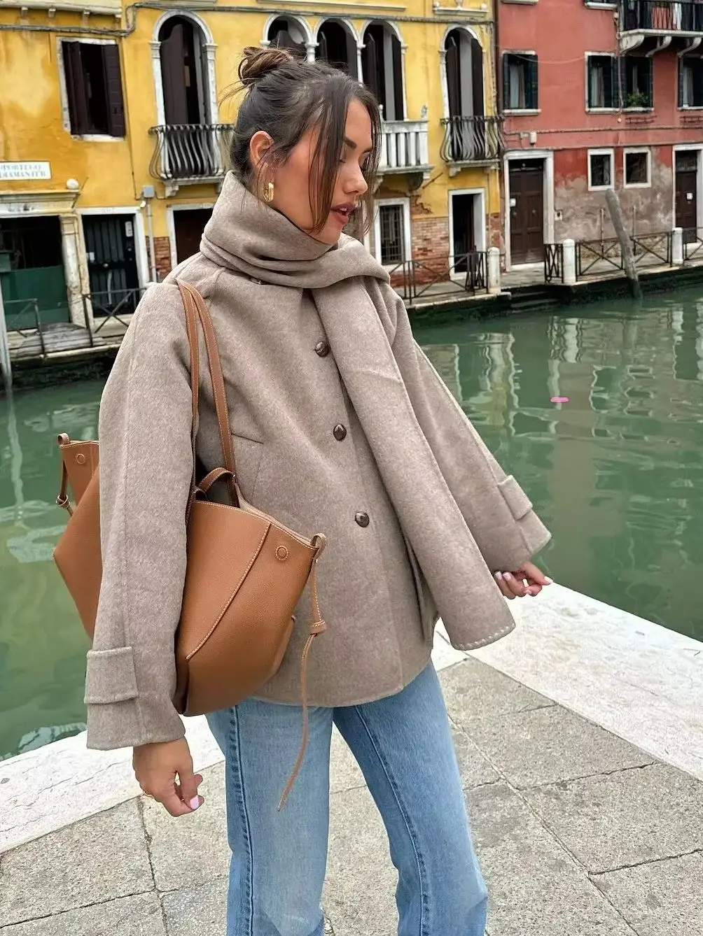 Vintage Women Scarf Oversize Woolen Coat 2024 Autumn Fashion Jacket Ladies Russet Outfits High Street Female Clothes