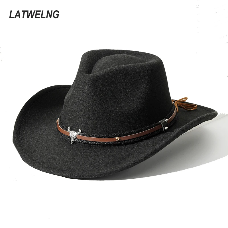 

Retro Bull Head Cowboy Cowgirl Hat For Women Men Belt Decoration Western Fedoras Hats Autumn Winter Warm Hats Big Size