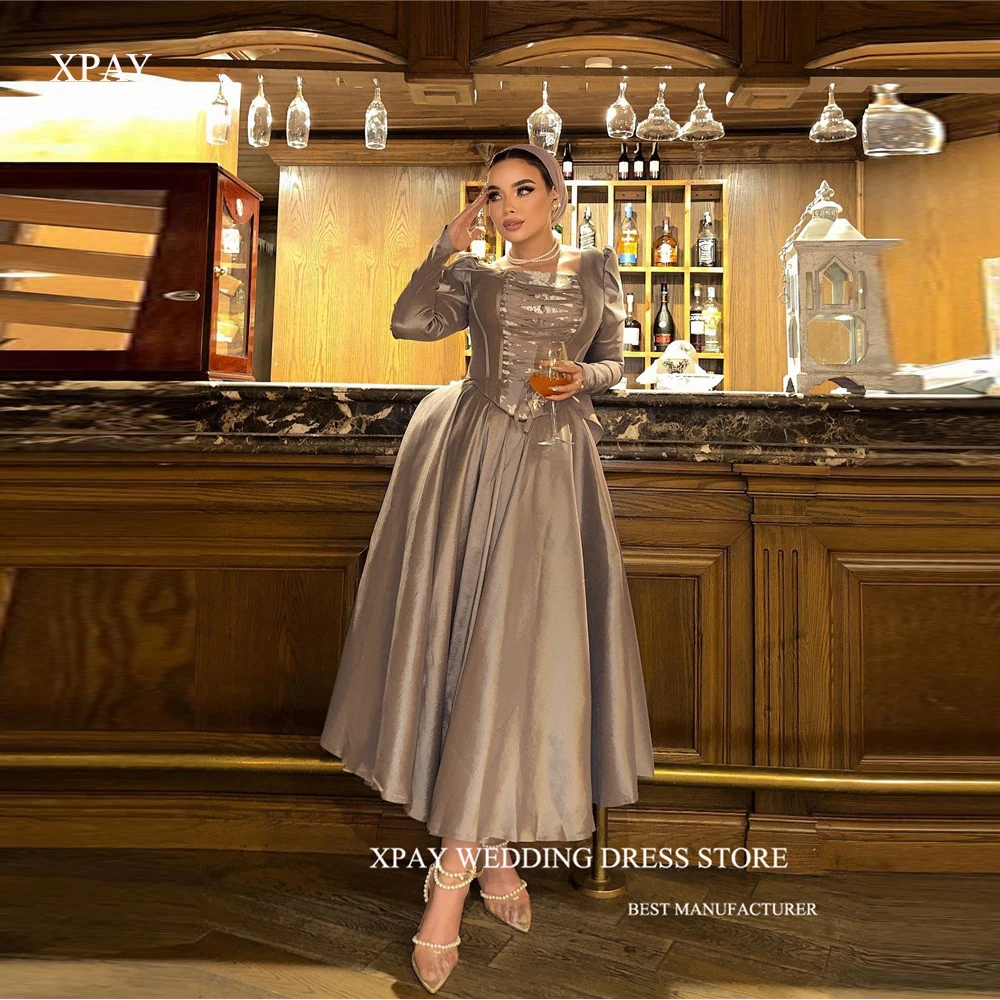 

XPAY Vintage A Line Satin Muslim Arabic Women Evening Dresses Long Sleeves Square Neck Ankle Length Prom Gowns Formal Party