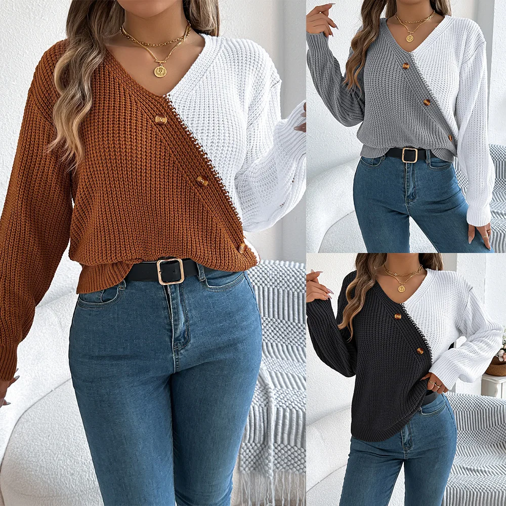V-neck Color-blocking Long-sleeved Knitted Pullover Loose Versatile Sweater Kazak Elegant Sweater Woman Herbst Mode Damen Одежда