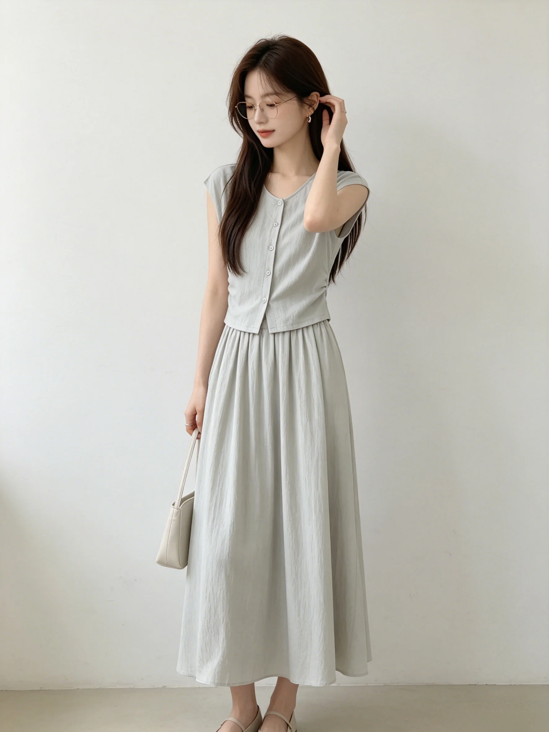 

Korean Style Casual Sweet Short Set Women's High Waist Skirt Breathable Summer Fashion Ensemble Loose Top Slimming Effect
