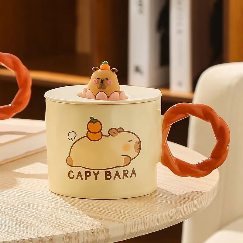 Nouvelle Tasse Créative 400ml en Céramique avec Couvercle et Cuillère, Motif Capybara Mignon, pour Lait, Pain, ou comme Tasse à Eau pour Étudiant, Idéale comme Cadeau