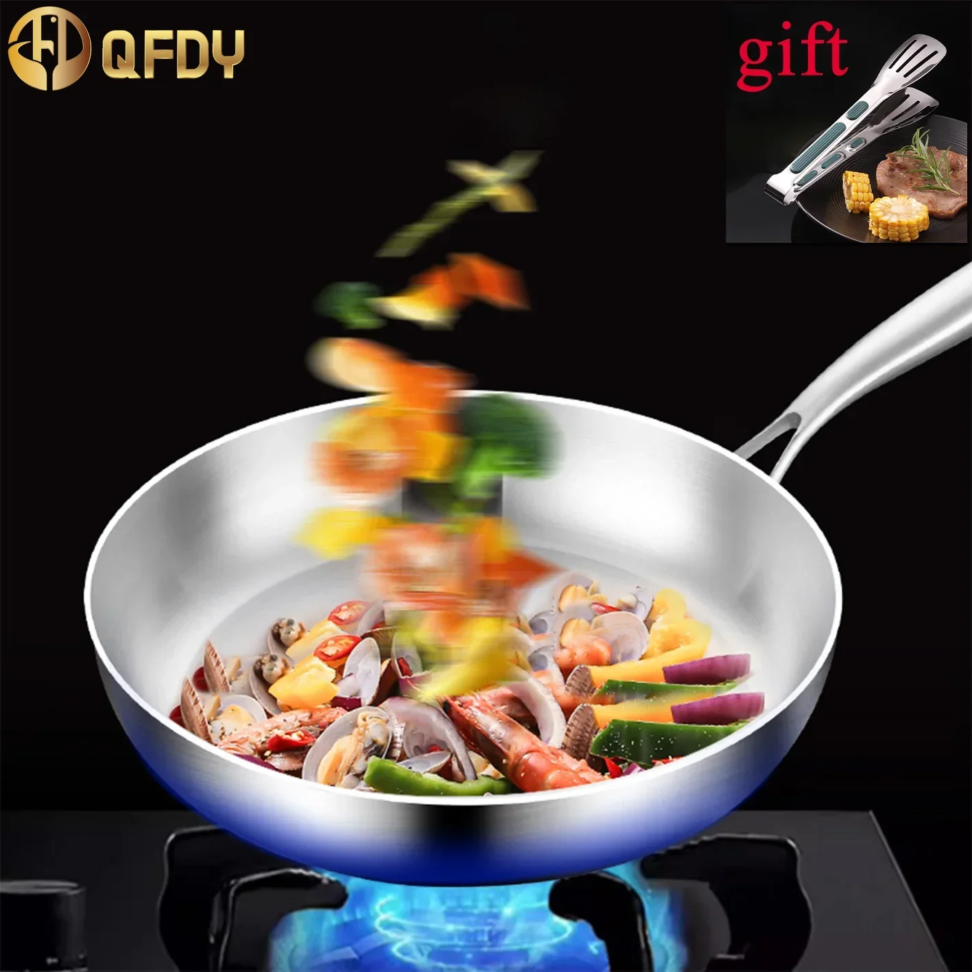22/24/26/28cm Frying Pan 304 Stainless Steel Woks Non-stick Frying Pot Cooking Wok Flat Frying Pan Induction Gas Cookware