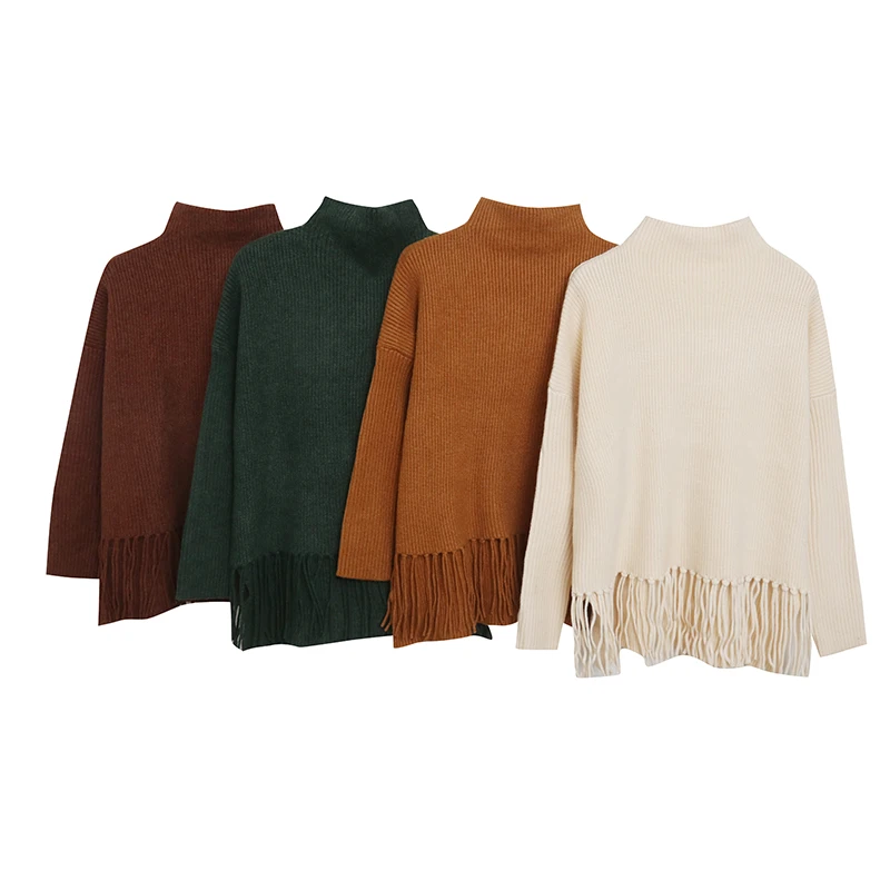 

Осенне-зимний женский шерстяной свитер, свободный утягивающий свитер с кисточками и высоким воротником, модный универсальный теплый трикотаж