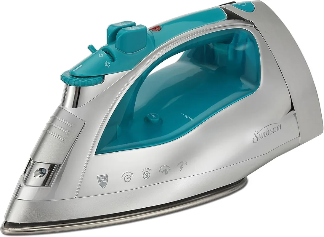 

1400 Watt Iron with 8' Retractable Cord,Horizontal or Vertical Shot of Steam and 3-Way Auto Shut-Off, Chrome/Teal