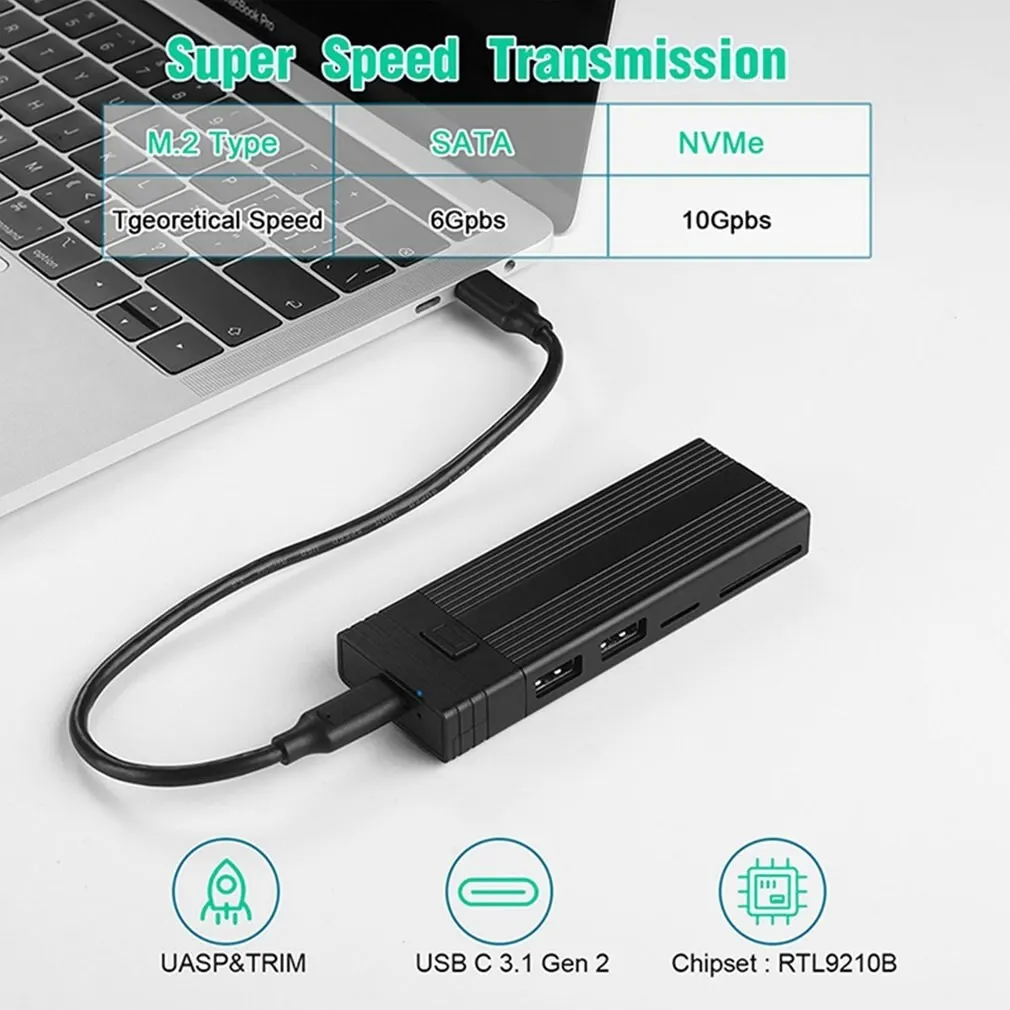USB3.1 Hub صندوق القرص الصلب المحمول TypeC SATA/NVME بروتوكول مزدوج لا يتطلب سائق متوافق مع حاوية القرص الصلب دروبشيبينغ