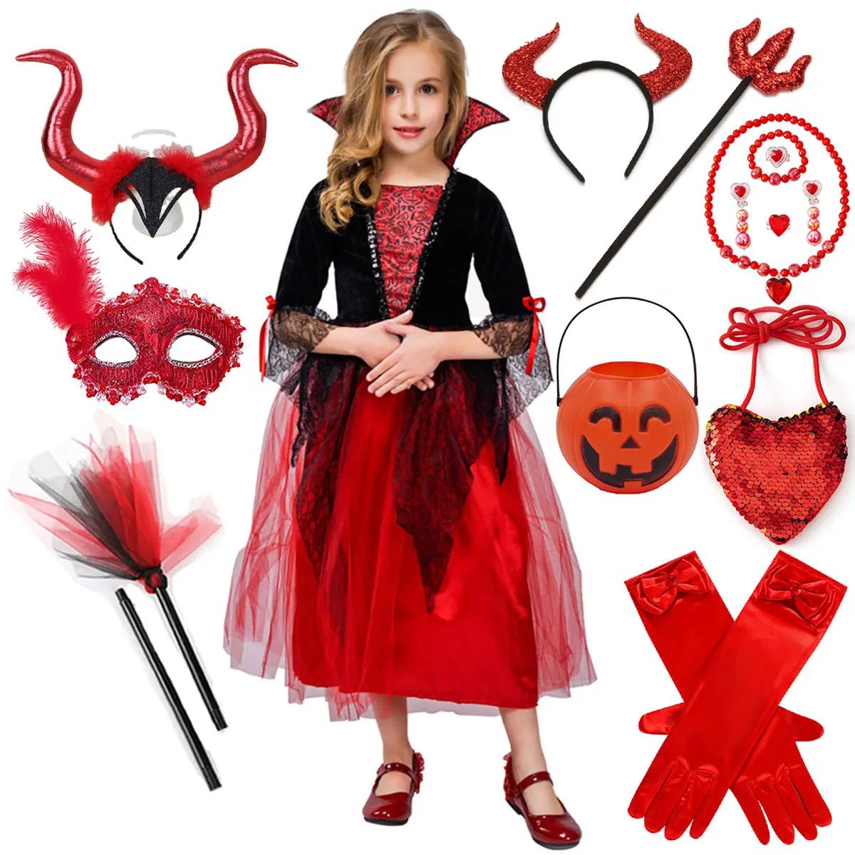 

Halloween Carnival Girls Cosplay Classic Red Elegant Gothic Vampire Horror Witch Cute Dress Girl Nostalgic Style Type Dress Set