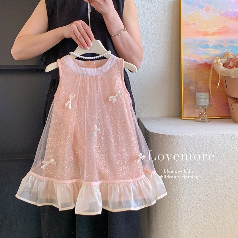 2025 Summer New 2-12 Years Children Baby Princess Sweet Sleeveless Chiffon Sequins Bowtie Patchwork Tank Dress For Kids