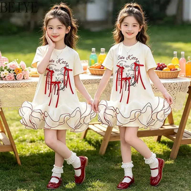 

Girls' Dresses 2026 New Crew Neck Short-sleeve T-shirt Dress for Girls and Big Kids Summer Wear Children's Casual Dress