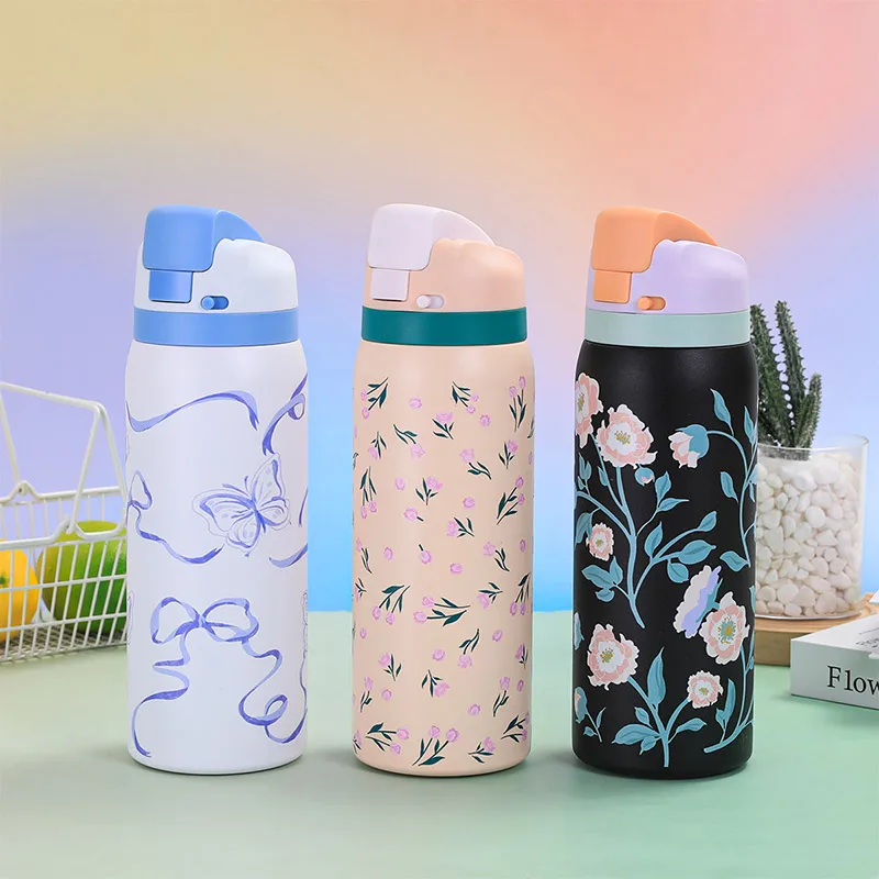 304 Stainless Steel Insulated Water Bottle Fashionable Cartoon Pattern Sports Kettle Large Capacity Portable Handheld Cup