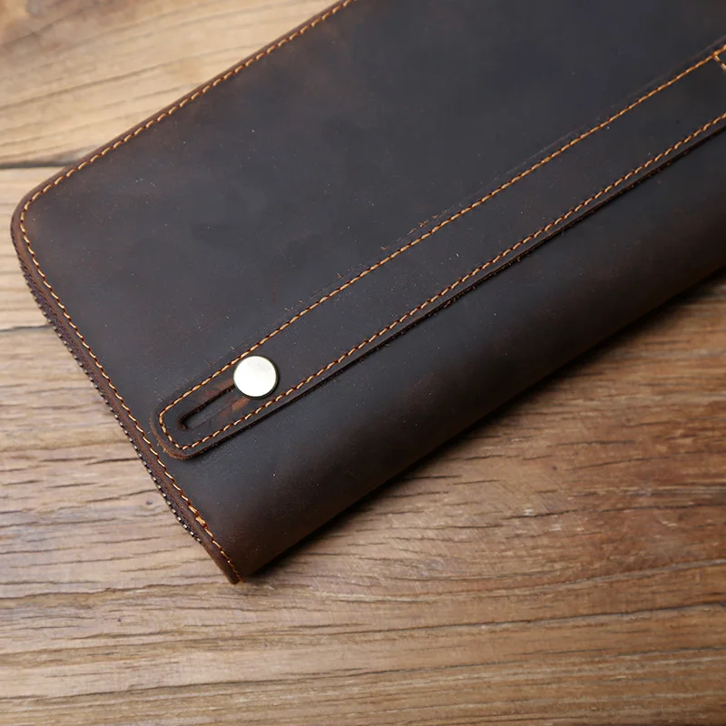 NZPJ Vintage Herren Lange Leder Geldbörse Crazy Horse Leder Handytasche Natürliches Rindsleder Clutch Bag Multifunktionale Geldbörse Kartentasche – Detail 11