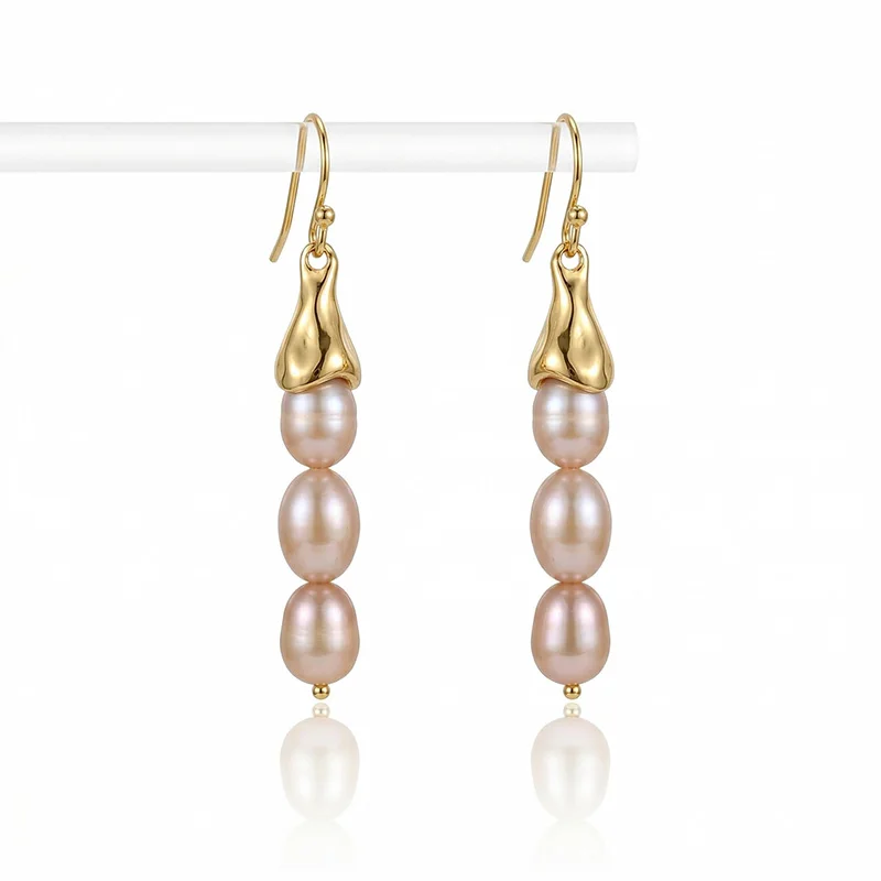 SENYU Jewelry Natural Pink Pearl 5CM Long Drop Earrings 18K Gold Plated Irregular Fluid Metal Cap Triple Pearl Dangle Earrings