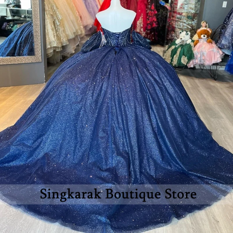 Abiti da Quinceanera lucidi blu Navy abito da ballo dolce 16 perline da abito Crystal Celebrity 16th Birthday Party Gowns Graduation