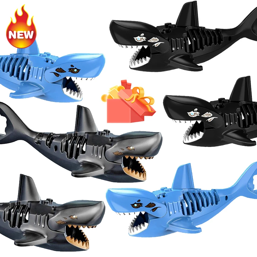 New Sea Shark Pirate Macrodontia Mini Blue Black Grey Model Moc Deep-sea Building Blocks Toys Kids Gift Boys Girls Diy Juguetes