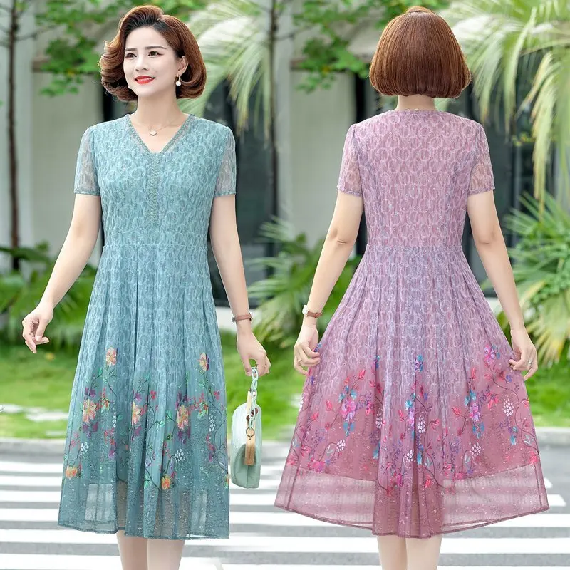 Elegant Floral Print Office Lady Dress Summer V neck Long Dress Short Sleeve Women Party Dresses