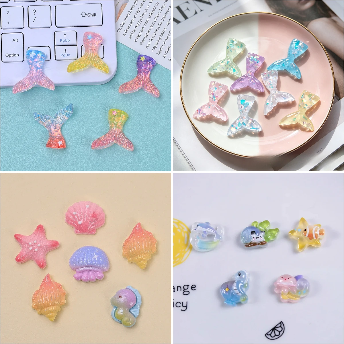 100pcs Cute Ocean Animal Fishtail Flat Back Resin Cabochon DIY for Phone Case Hairpin Keychain Earrings Scrapbook Shoes Buckle