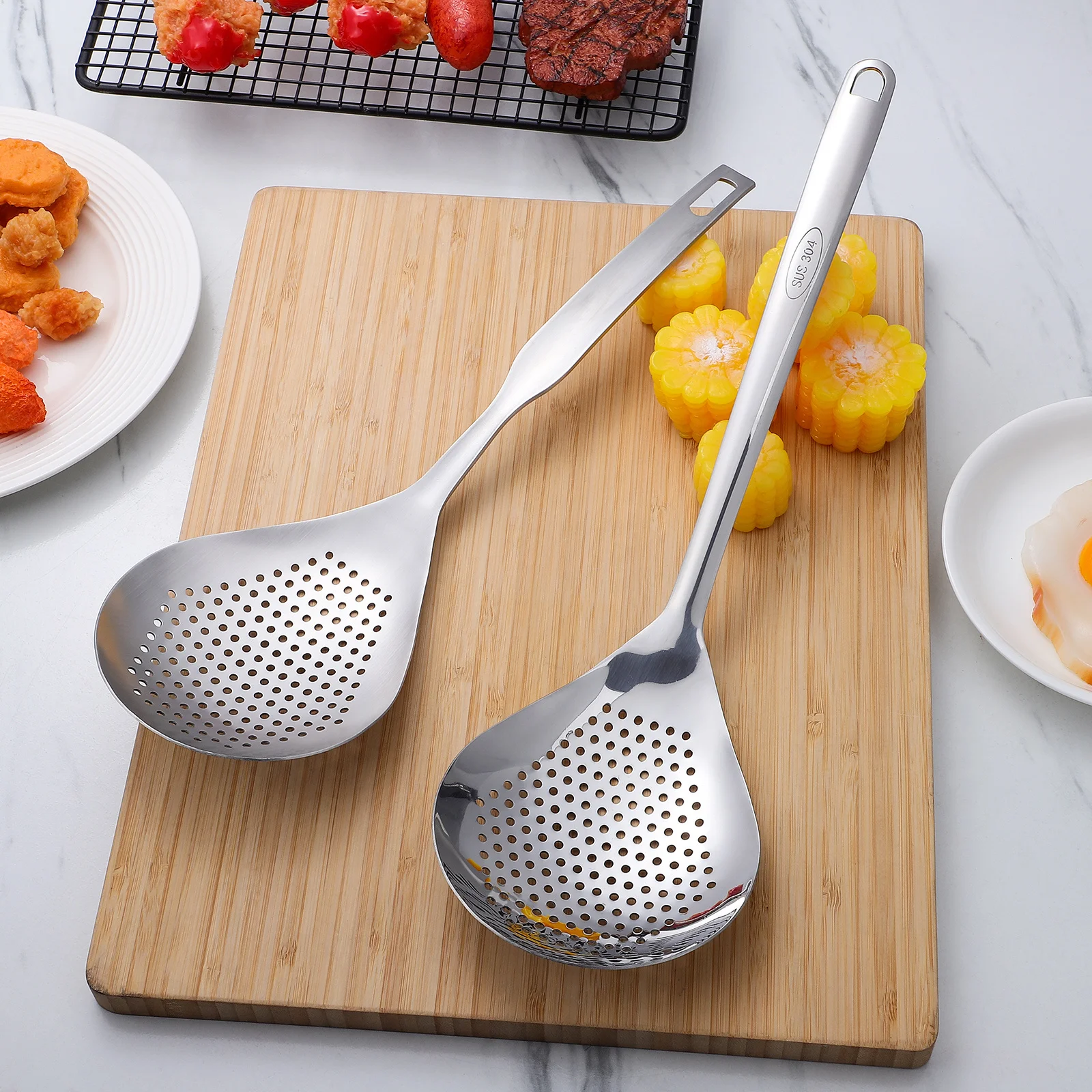

2Pcs Stainless Steel Skimmer Ladles Large Spoon Heads Long Handles Hanging Hole Food Strainers Pasta Draining Frying Strainers