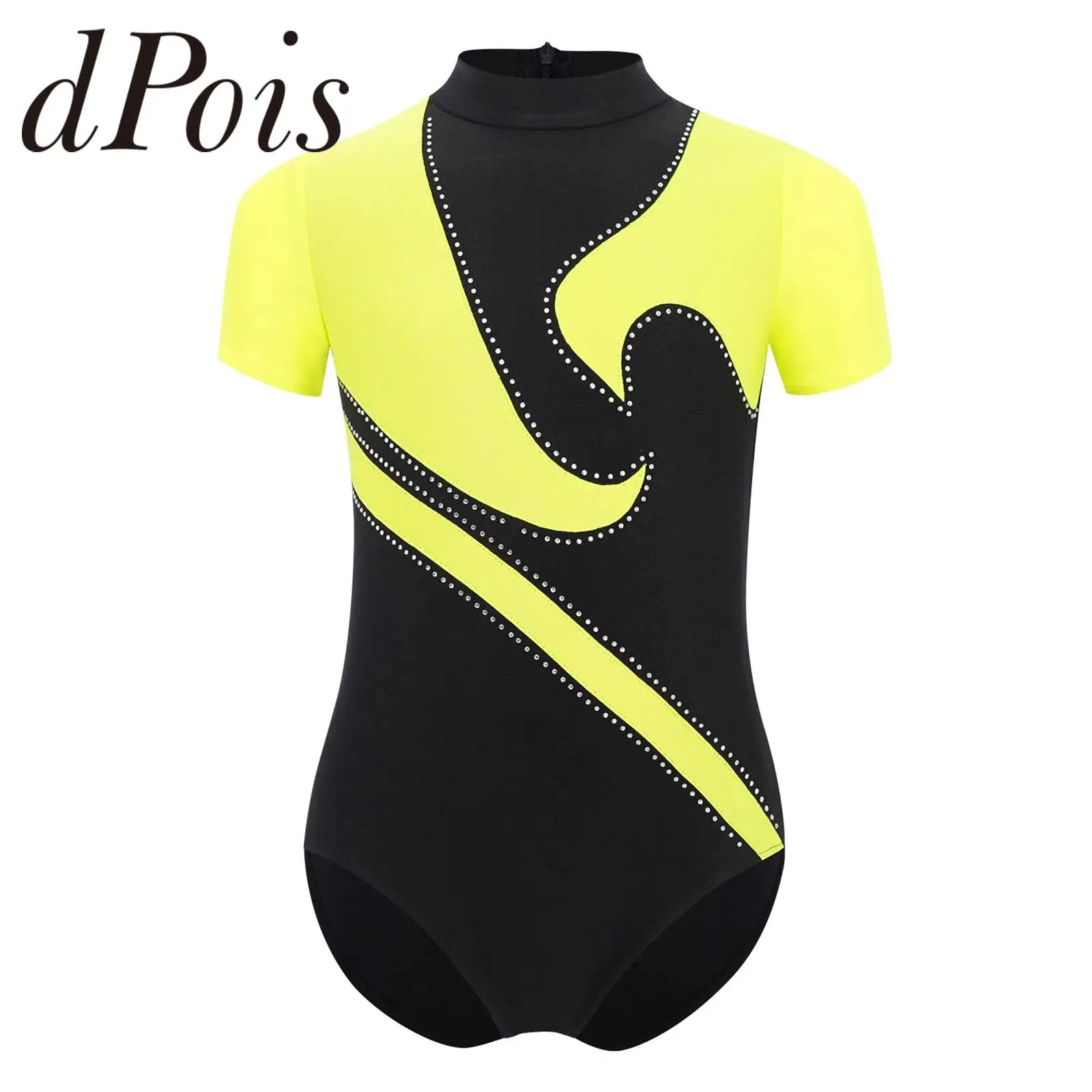 Boys Patchwork Ice Skating Leotard for Gymnastics Bodysuits Kids Color Block Stage Performance Costumes Short Sleeve Leotards