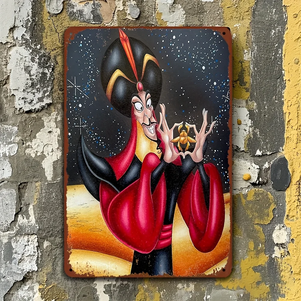 Exquisito letrero de estaño con temática de Jafar y Aladino de Disney, decoración de pared con licencia oficial, decoración del hogar, decoración de valla de patio, 8x12 pulgadas