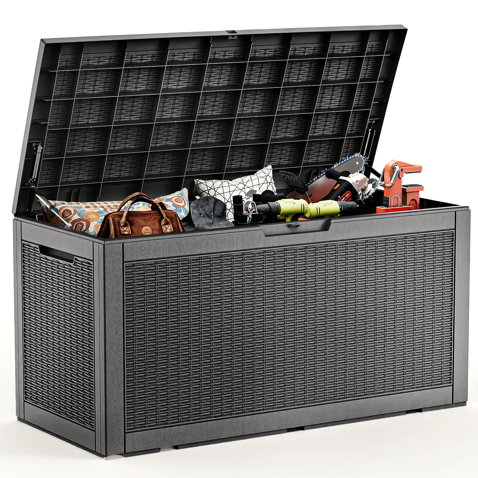 

100 Gallon Waterproof Large Resin Rattan Deck Box Indoor and Outdoor Lockable Storage Container/Storage Chair for Patio Furniture Pads Garden Tools Box Cabinet Shelf for Outdoor Storage, Perfect Holiday Gift for Halloween, Christmas, Thanksgiving