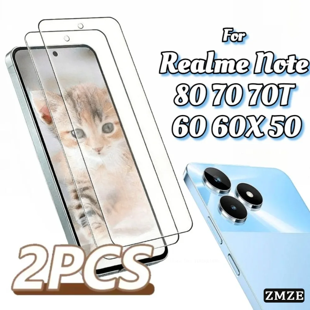 

2 Pieces HD Clear Tempered Glass Film For Realme Note 80 70 70T Series Glossy Screen Protectors For Realme Note 60 60X 50 Series