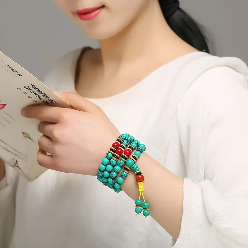 Natural Turquoise Bracelet Mala Beads 108 Necklace Sweater Chain Green Turquoise Stone Multilayer Tassel Charm Bracelets Bangles