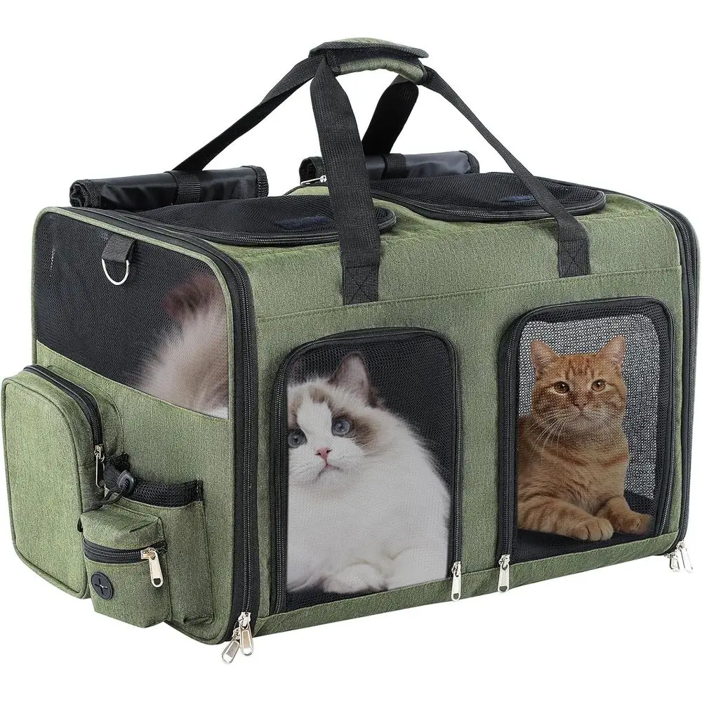 

Double Extra Large Dual Cabin Multi Cat Travel Carrier, Removable Divider, Holds 20-30-40 lbs or Two Kittens, Medium Dog, Green