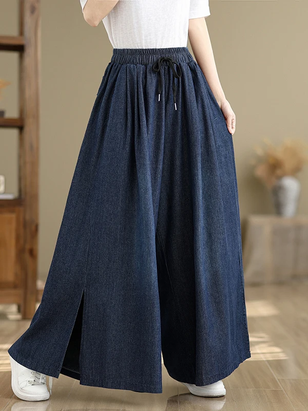 Hoge taille wijde pijpen denim rok broek dames lente zomer casual a-lijn maxi rok zijsplit lange broek losse pasvorm blauw