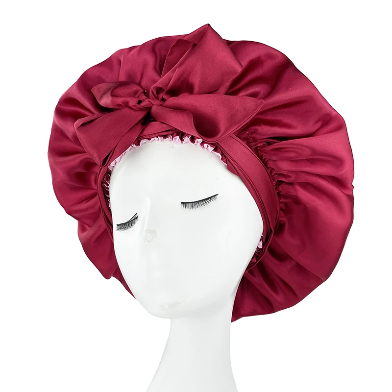 Double Layer Satin Bonnet Women Silky Sleeping Hat with Long Ribbon Wrap Headwrap Large Size Solid Bonnet for Curly Hair Wraps