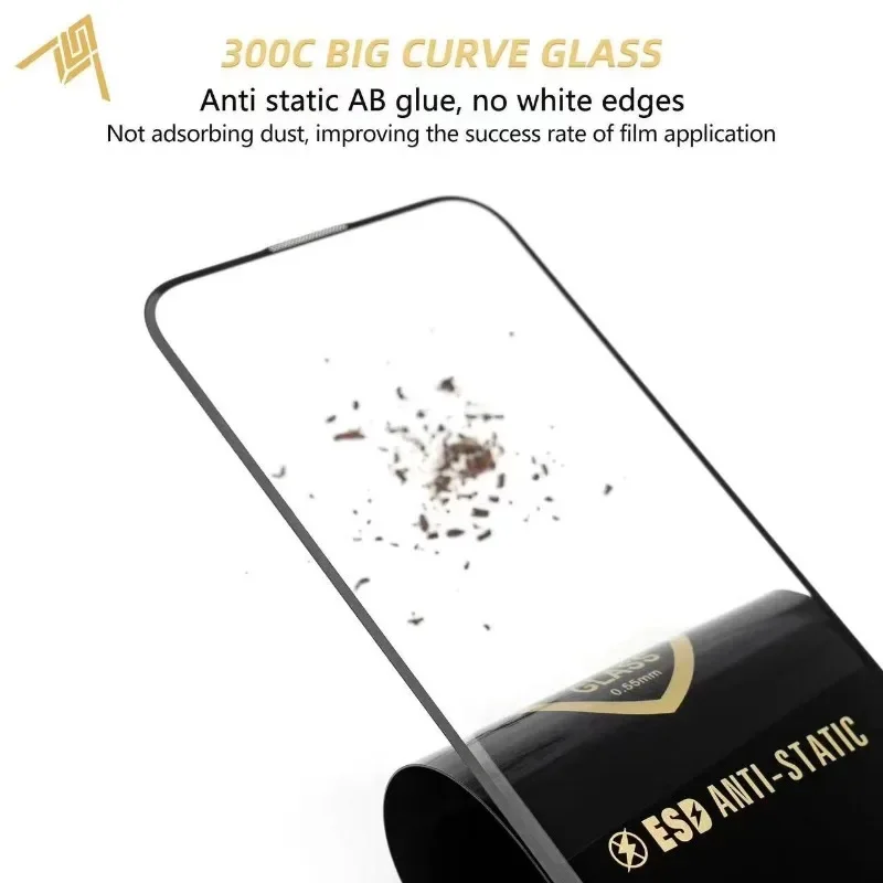 2Pcs 300CC Big Curve Tempered Glass For iPhone 16 13 11 12 15 Pro Max ESD Anti-Static Screen Protector For iPhone14 Plus X XR XS