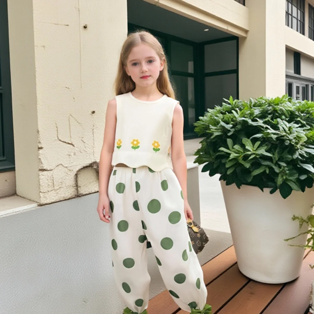 المرأة الكنز الصيف الطازجة زهرة مطرزة سترة + الأخضر موجة فانوس فستان أطفال مع سروال داخلي القطن الخالص الحلو وأنيق اثنين #1