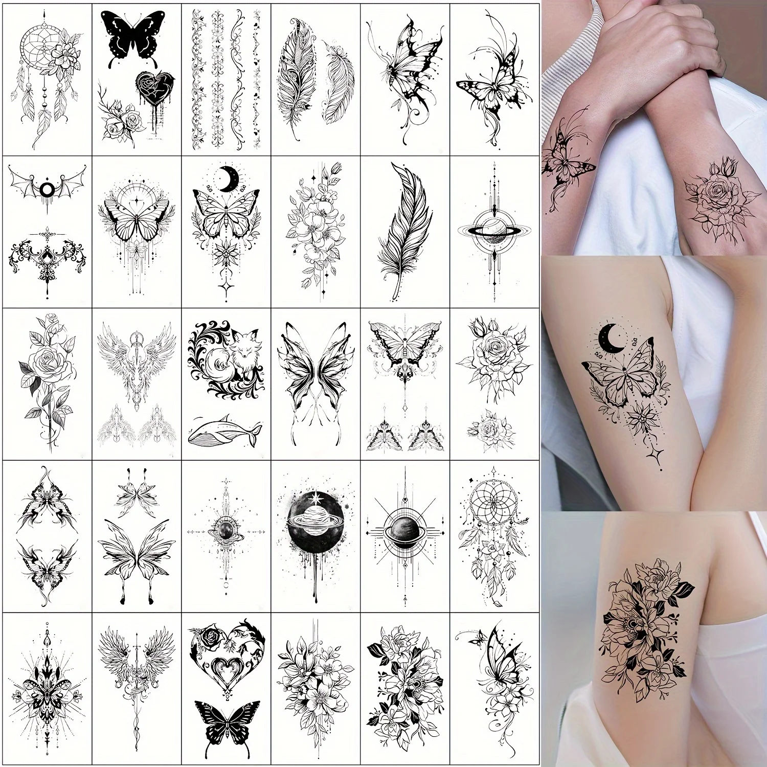 30 Stks/set Zwarte Lijn Roos Tattoo Voor Dames Meisjes Vlinder Aarde Bloemen Water Transfer Nep Tatoeages Emblemen Borst Arm Been