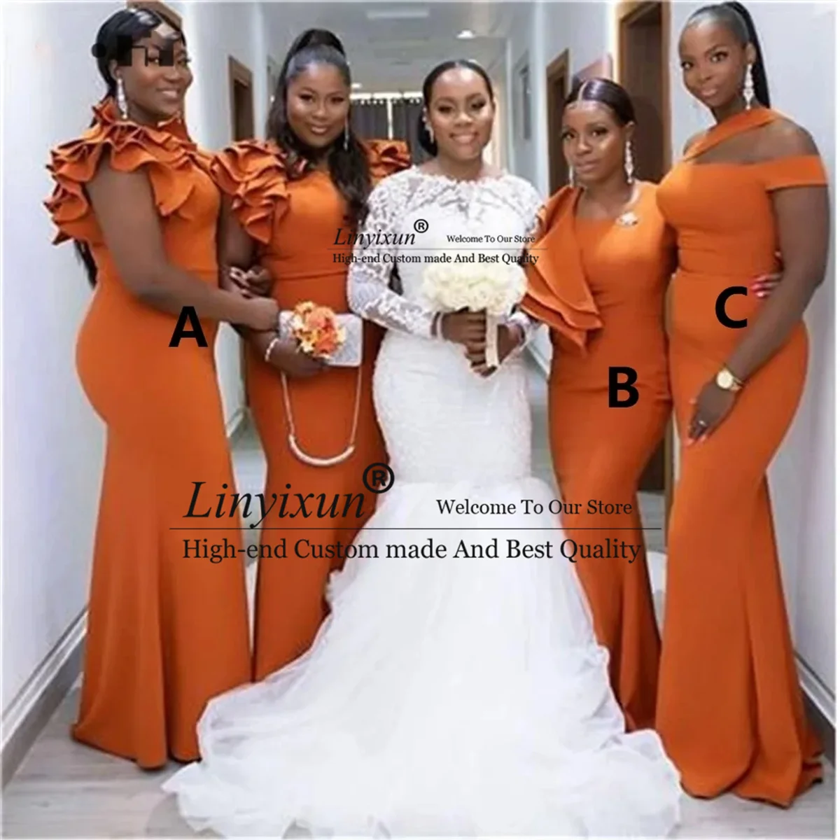 

Burnt Orange Mermaid African Wedding Party Dress Ruffles Elastic Satin Bridesmaid Dresses Women's Long vestidos de festa