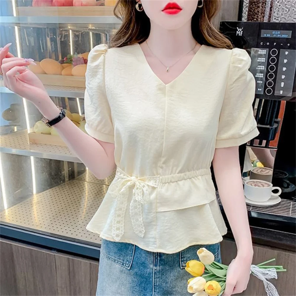 

Summer Short Sleeve Ruffles Lace Patchwork Elegant Blouse Solid Youth All-match Fashion Shirt Tops Women Clothing Office Ladies