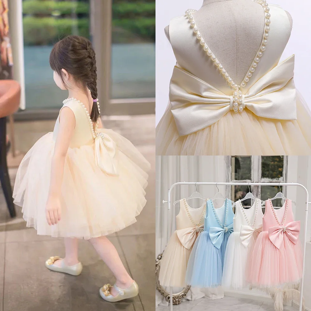 Champagne Flower Girl Dress For Wedding Pink Pearls Applique With Bow Puffy V-back Kids Birthday Princess First Communion Gown