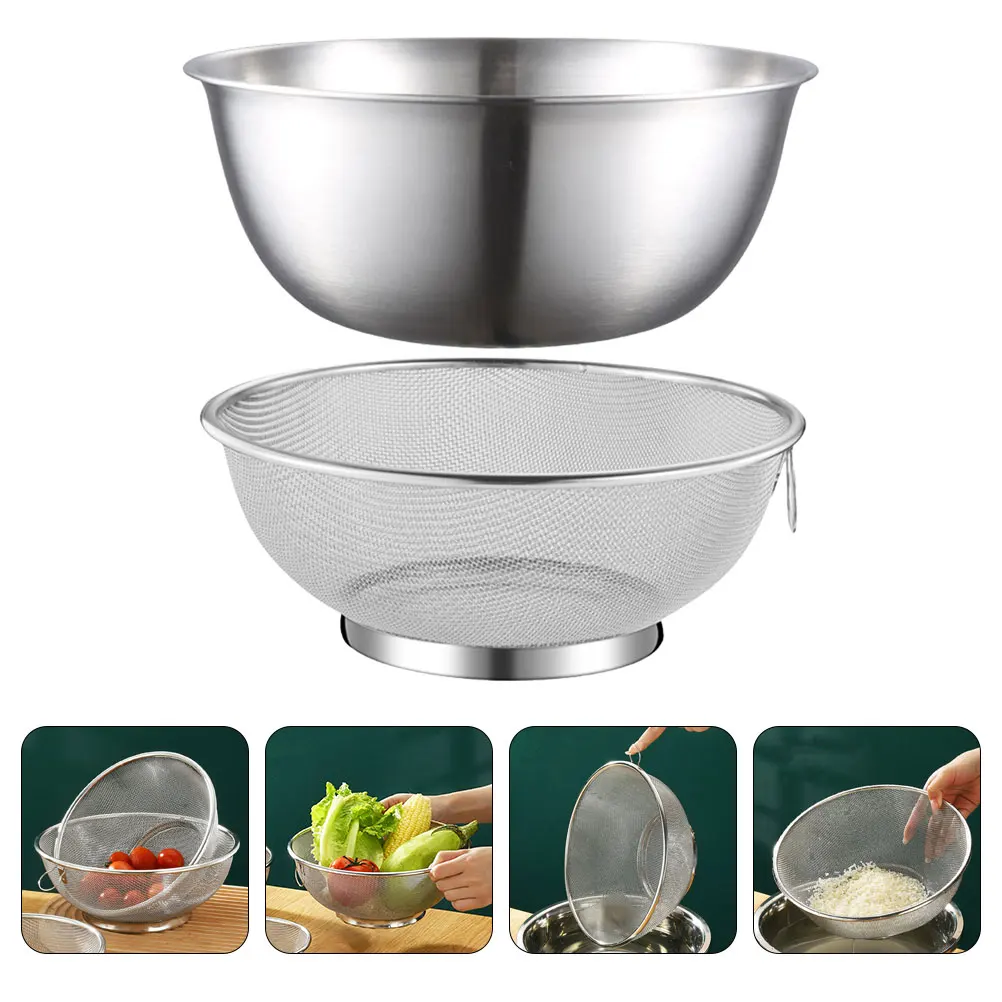 

2pcs Stainless Steel Drain Basket 19CM Basin 18CM Mesh Strainer Kitchen Rice Washer Vegetable Cleaner Fruit Drainer Fine Mesh