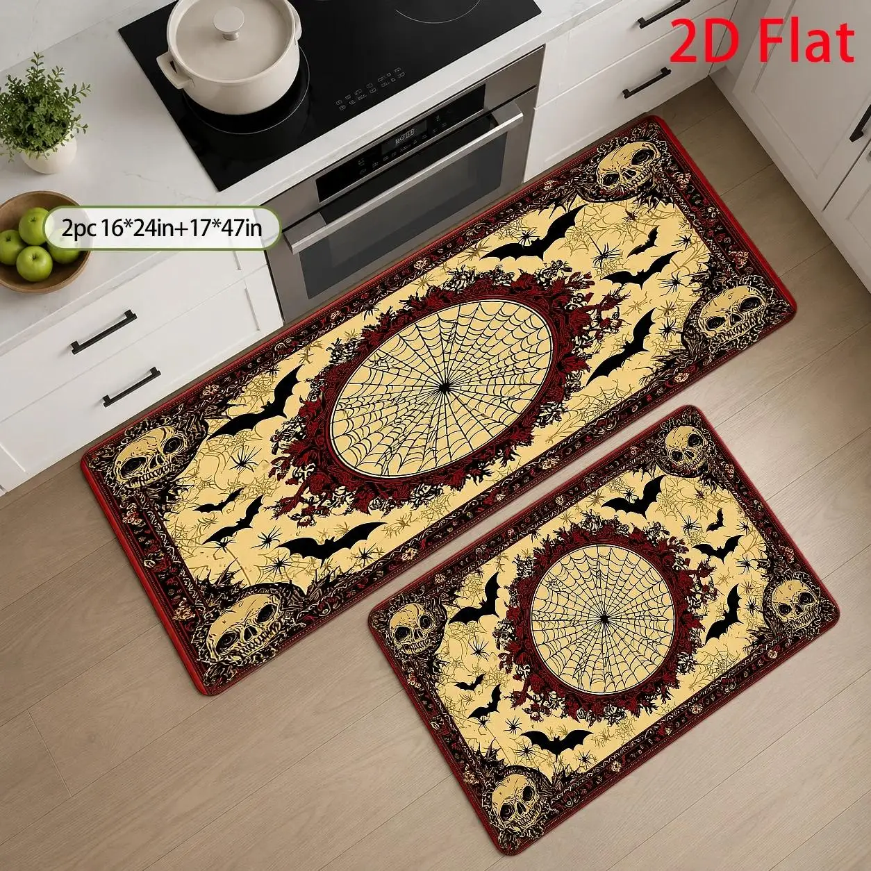 1pc, 2pcs, 3pcs, 2D Flat Kitchen Floor Mat Set, Spooky Skulls And Bats Halloween Floor Mat, Gothic Spiderweb Center Design, Dark Fantasy Style Rug, Festive Seasonal Decoration, Easy-to-Clean Kitchen Floor Mat, Suitable, 2D Flat