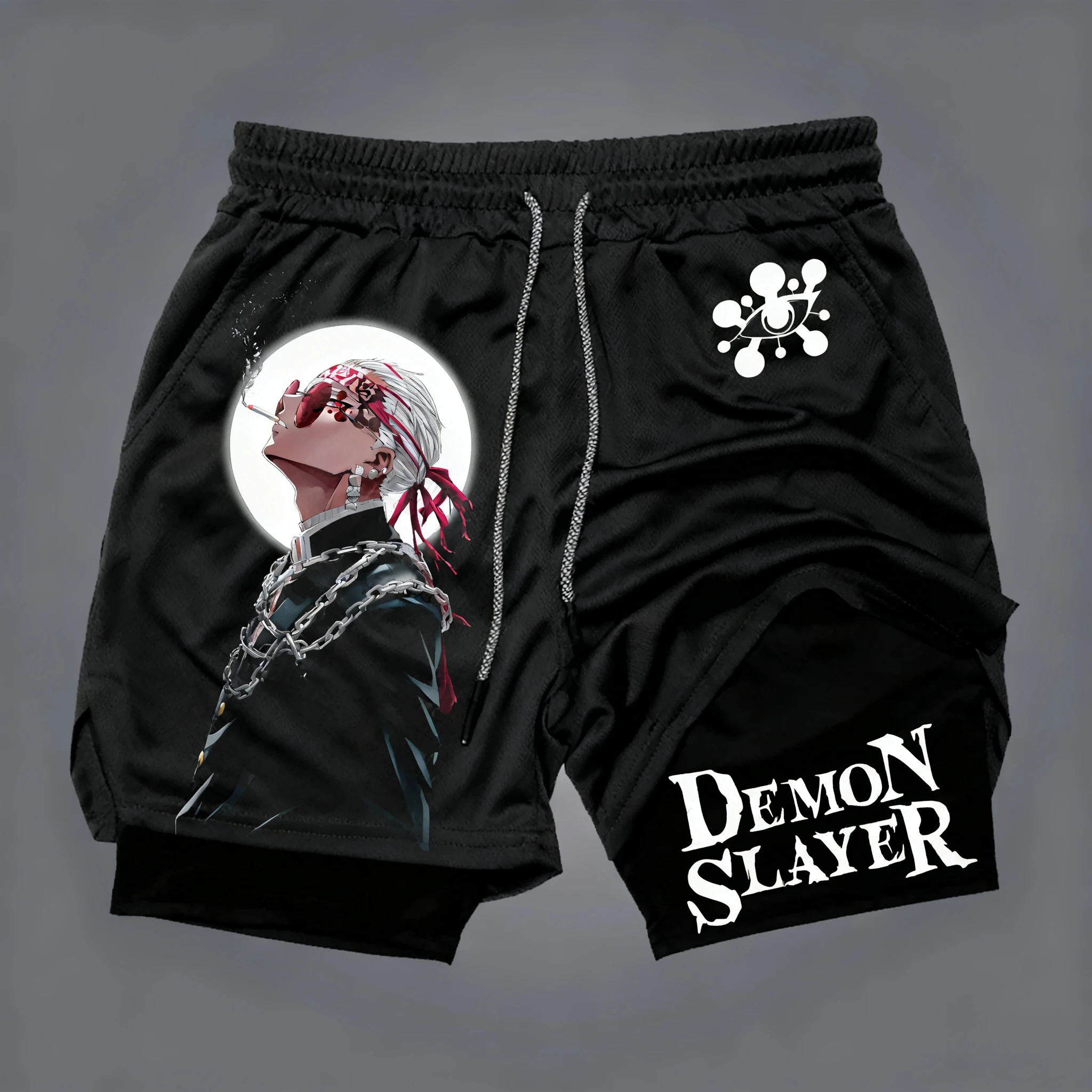 بانداي شيطان القاتل المطبوعة الرجال السراويل مزدوجة الطبقات 2026 الصيف الأمريكية فضفاضة وتنفس ورياضية شورتات الموضة #1