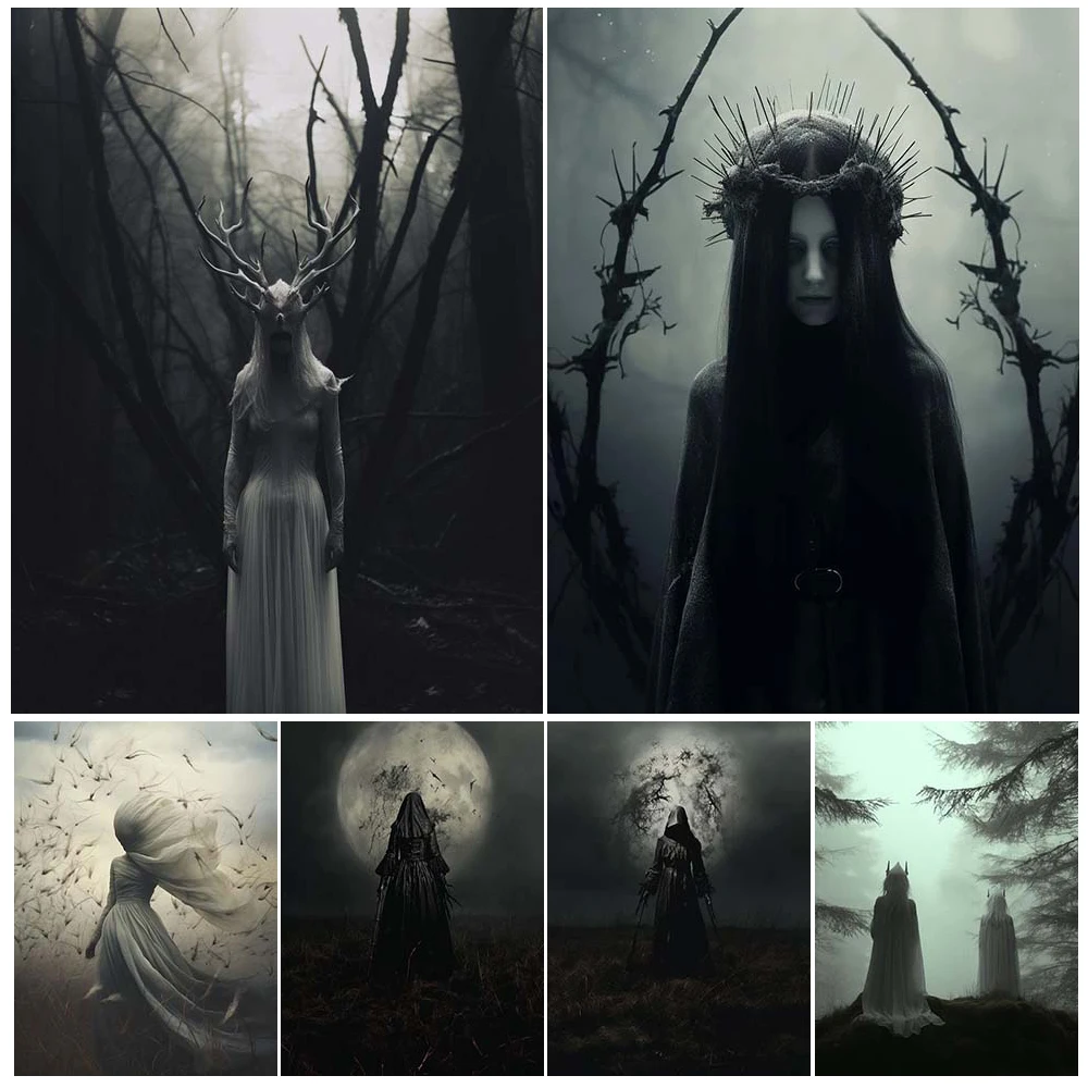 

The Antlered Girl And The Pagan Witch In The Forest Art Poster Print Dark Witchcraft Aesthetics Abstract Wall Art Canvas Print