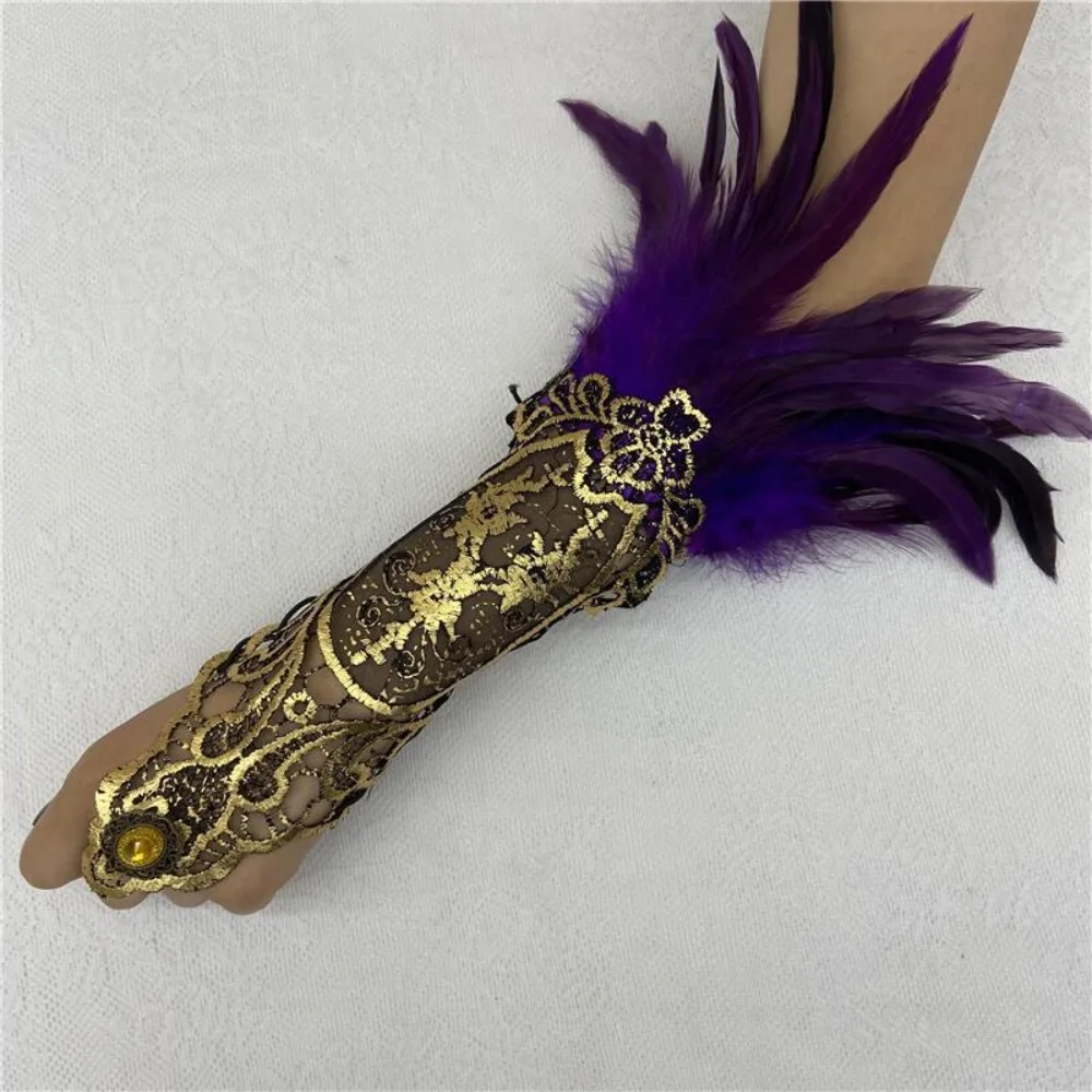 

Witch Halloween Feather Gloves Embroidery Gothic Women Feather Lace Glove Halloween Dark Halloween Wristband Cosplay Props