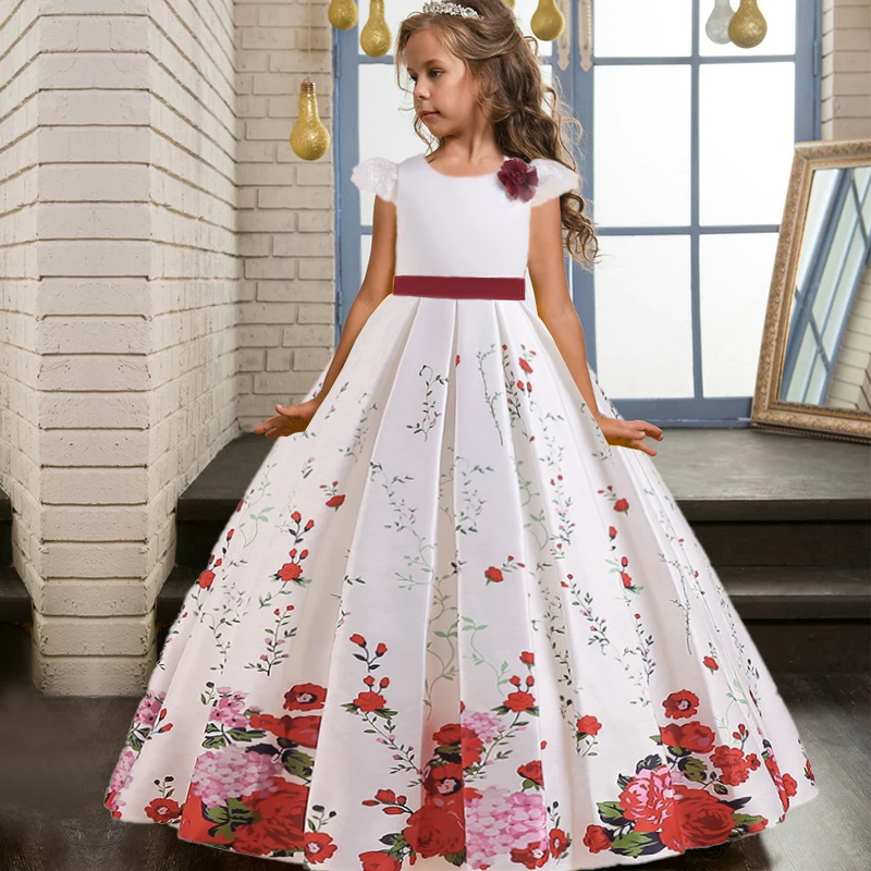 2023 Teen Printed Flower Girls Dress Kids Dresses For Girl Children Long White Party Princess Dress Wedding Prom Gown Vestidos