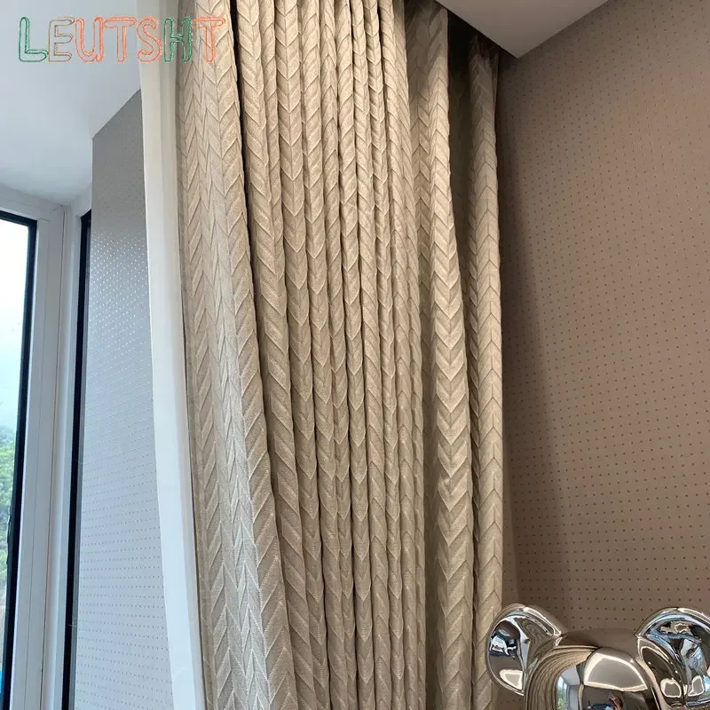 French Curtains for Living Dining Room Bedroom Beige Embossed High Precision Curtain Cotton Linen Light Luxury Window