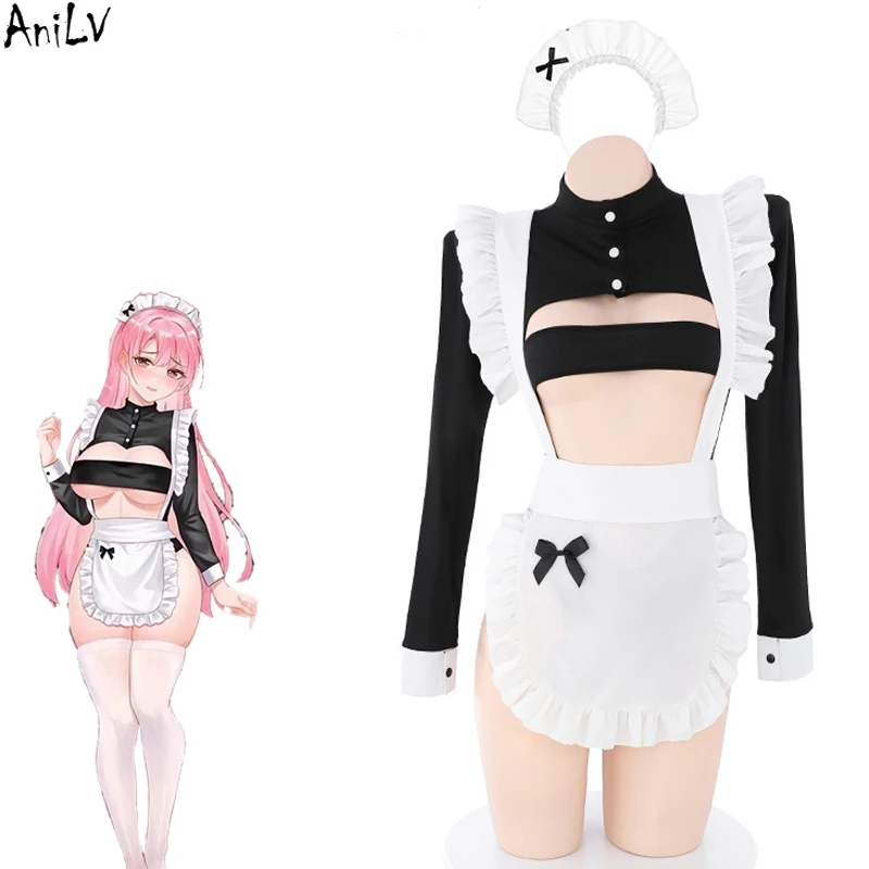 AniLV Anime Coffee Shop Waiter Girl Maid Uniform Costume Women Bodysuit Apron Outfits Costumes Cosplay