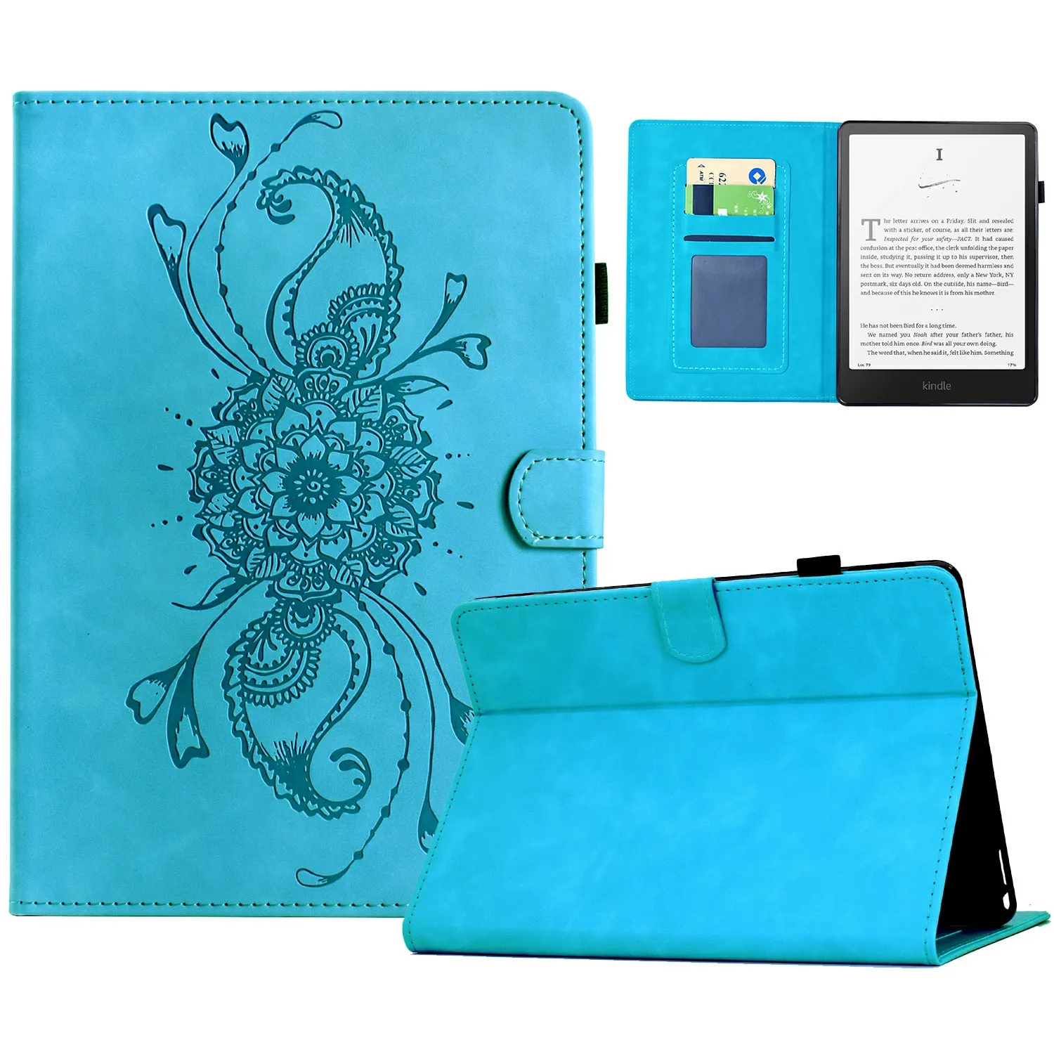 

For Amazon Kindle Paperwhite 6 (2024) Case Mandala Imprinted Leather Tablet Cover with Card Slots - Sky Blue