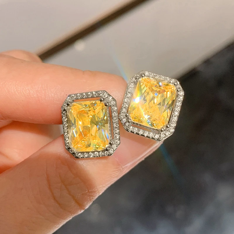 Huitan Square Yellow Cubic Zirconia Stud Earrings for Women Bright Earrings Wedding Party Temperament Elegant Female Accessories