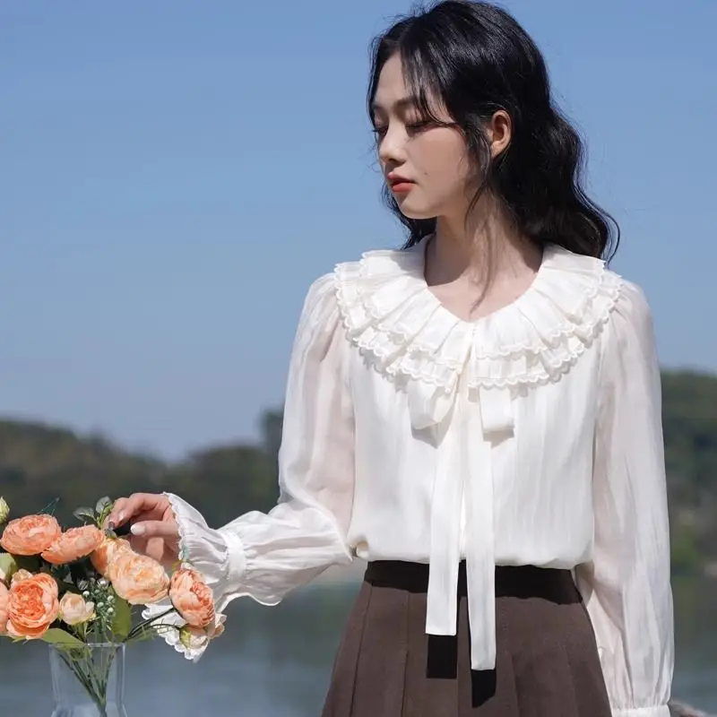 

Coalfell Ruffle Collar White Fairyism Blouse Women Long-sleeved Spring Inner French Top Super Fairy Thin Bottoming Shirt Summer