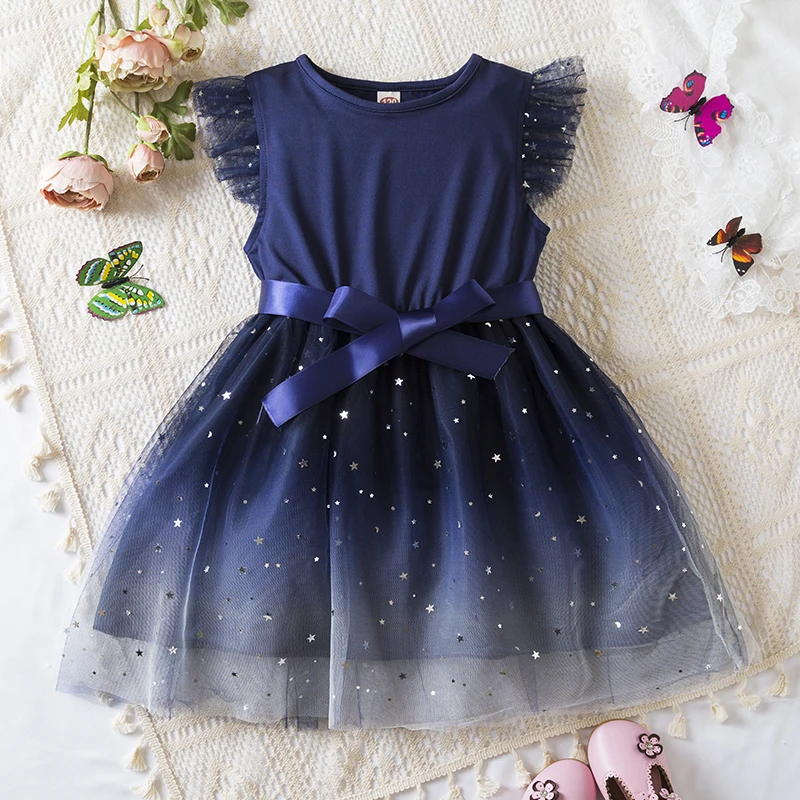 Sweet Girls Summer Flying Sleeves Bow Sequin Dress 2-6Y Kids Birthday Party Blue Fluffy A-line Princess Dress for Cute Baby Girl image 3