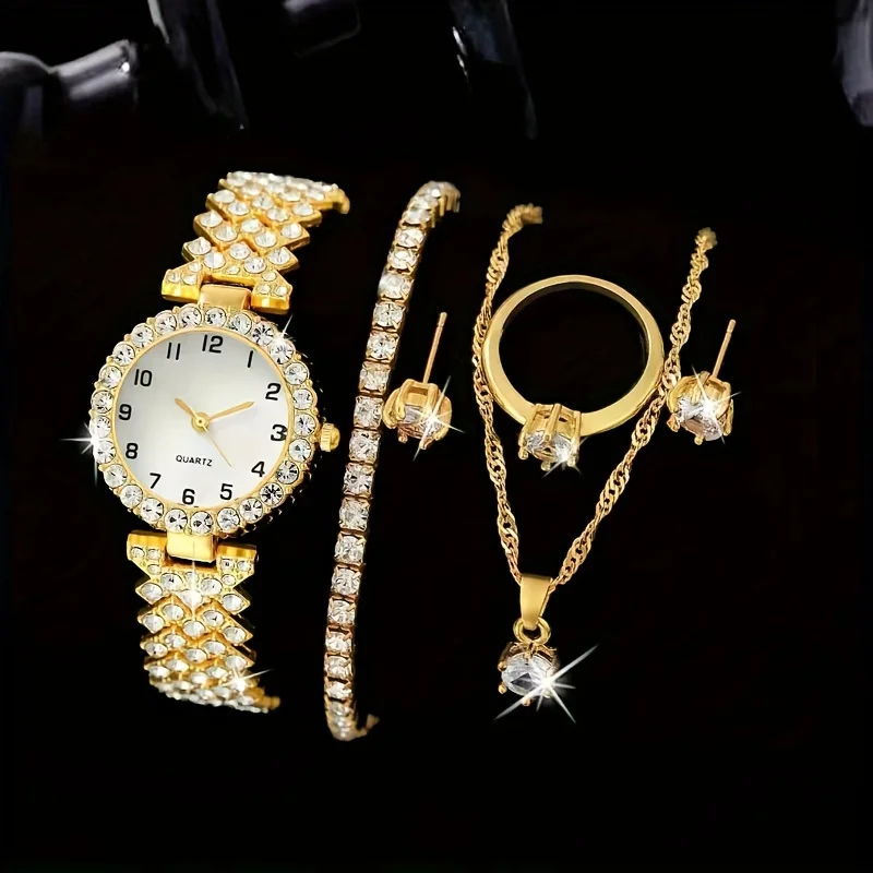1pc Rhinestone Decor Quartz Watch Elegant Analog Wristwatch & 5pcs Jewelry Set, Festival Gift For Women