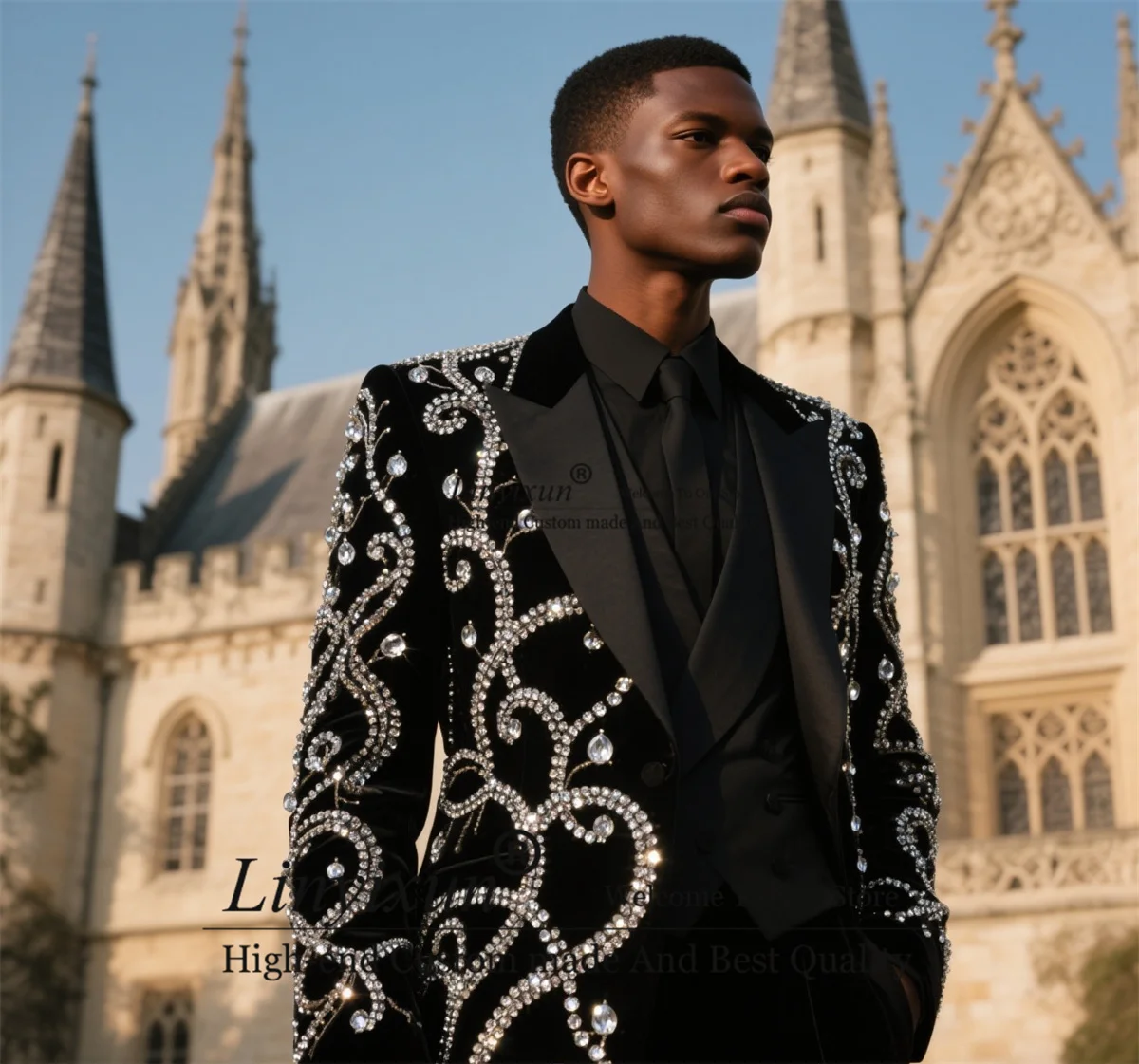 

Sparkly Jewel Rhinestones Men Suits Peaked Lapel Wedding Tuxedos 3 Pieces Sets Groom Male Blazer Slim Fit Customized Ropa hombre